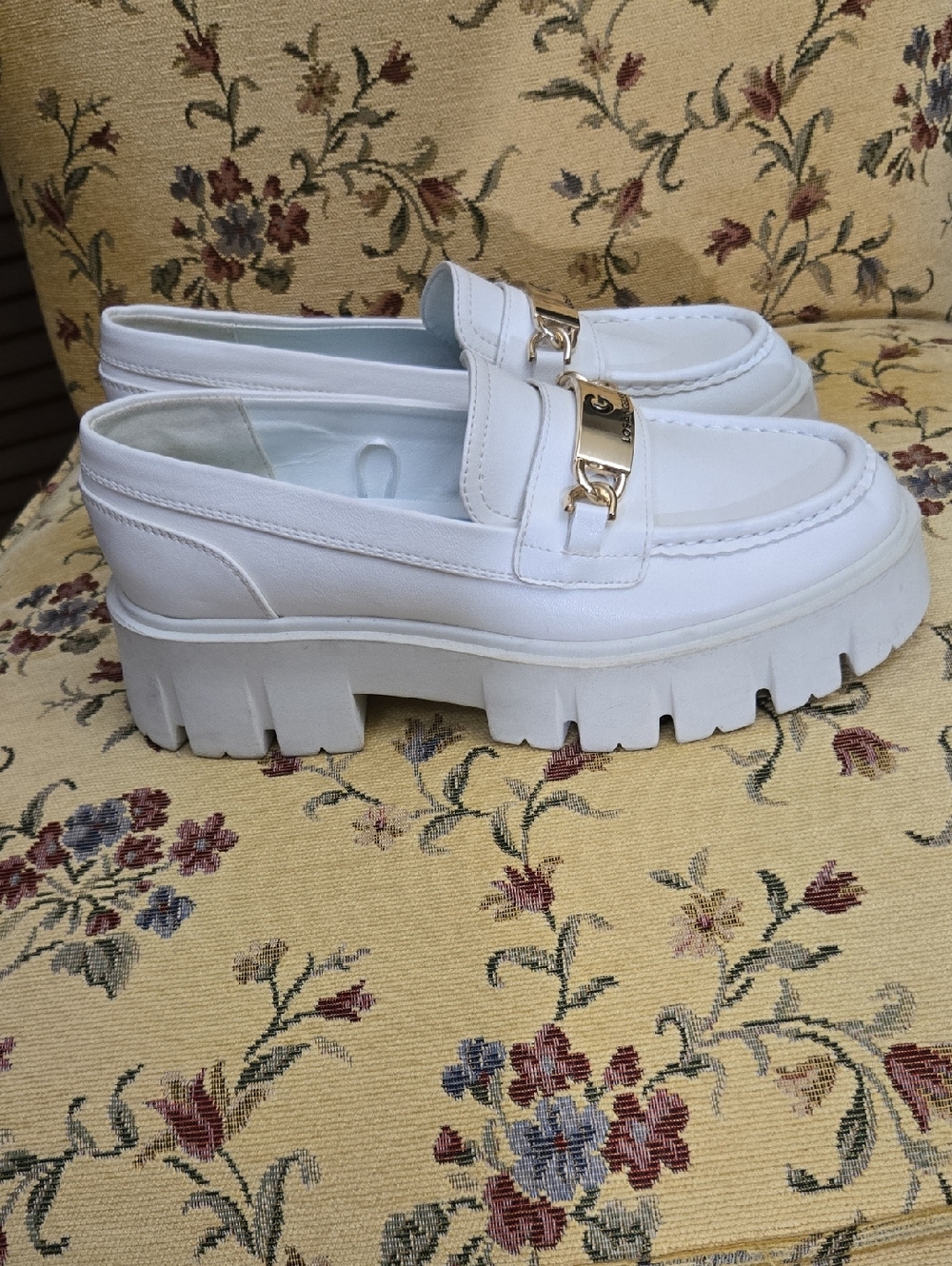 GBG Los Angeles White Chunky Lug Sole Loafers with Gold Buckle